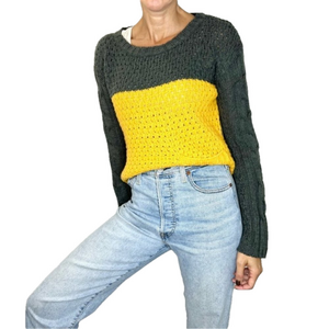 Love Change grey yellow colour block crew neck pullover sweater L